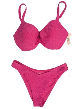 Victoria's Secret Pink Bikini Set Textured Push-up Brazilian Size 34DD / M